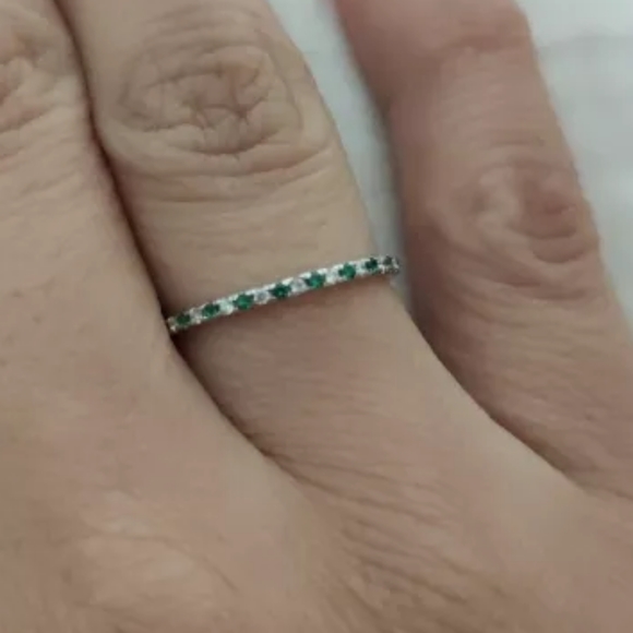 Green Clear Zircon Pave Sterling Silver Band Stackable Diamond Emerald Eternity - Picture 9 of 16